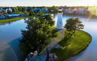 Aerial photo of lighthouse on island in Macomb Michigan