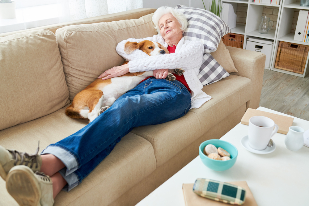 A senior woman takes a nap with her dog